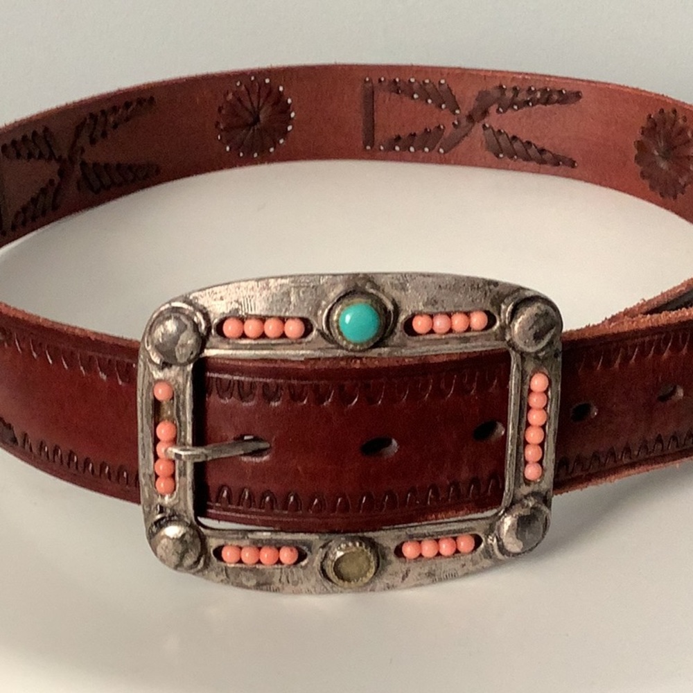 Artisan Created Leather Belt with Silver and Turquoise Accents